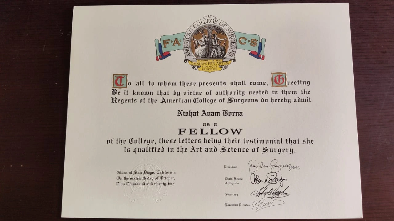 American College of Surgeons Fellowship Certificate — সরবরাহিত ছবি, বিস্তারিত যাচাই বাকি